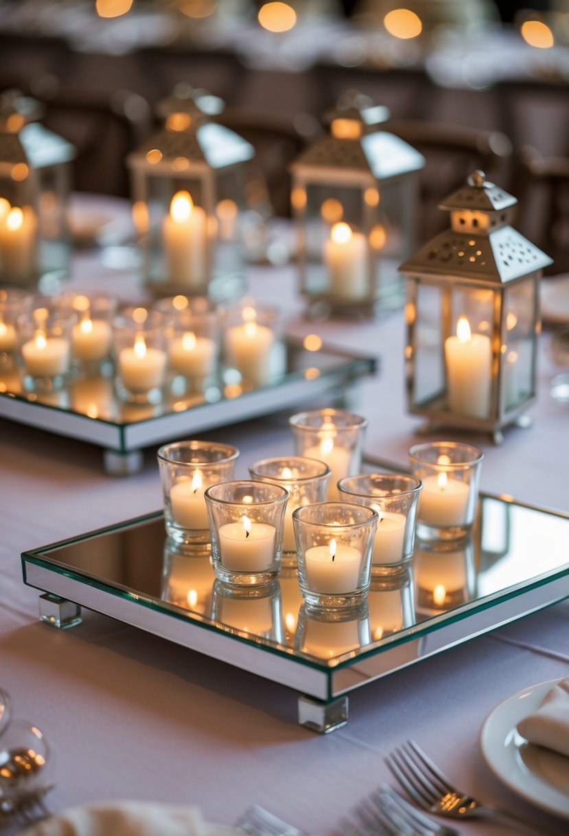A wedding table with mirrored trays holding clusters of lit votive candles and lanterns, creating a warm glowing atmosphere.