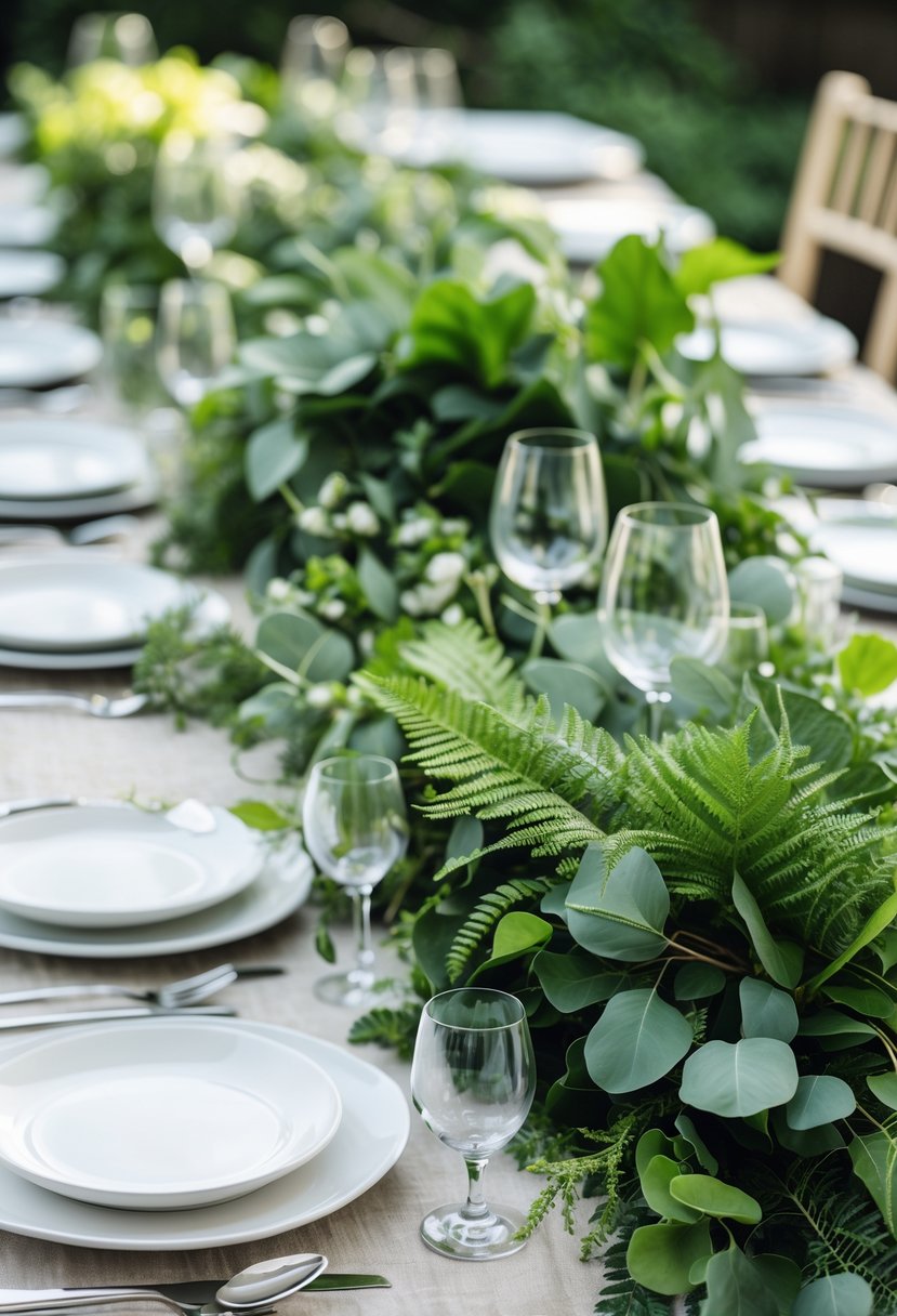 A wedding table decorated with various green leaves and foliage, set with plates, glasses, and cutlery on a neutral tablecloth.