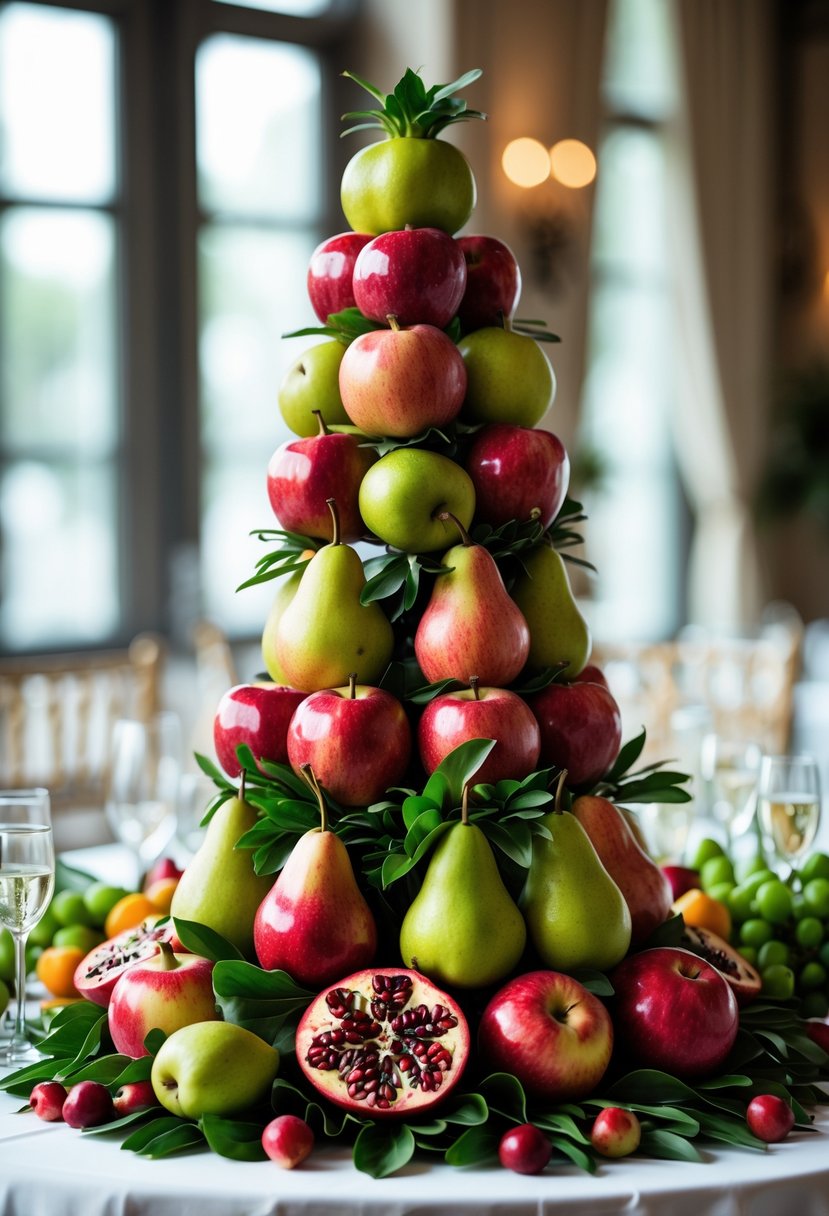 A wedding table centerpiece with a tall arrangement of apples, pears, and pomegranates surrounded by fresh vegetables and fruits.
