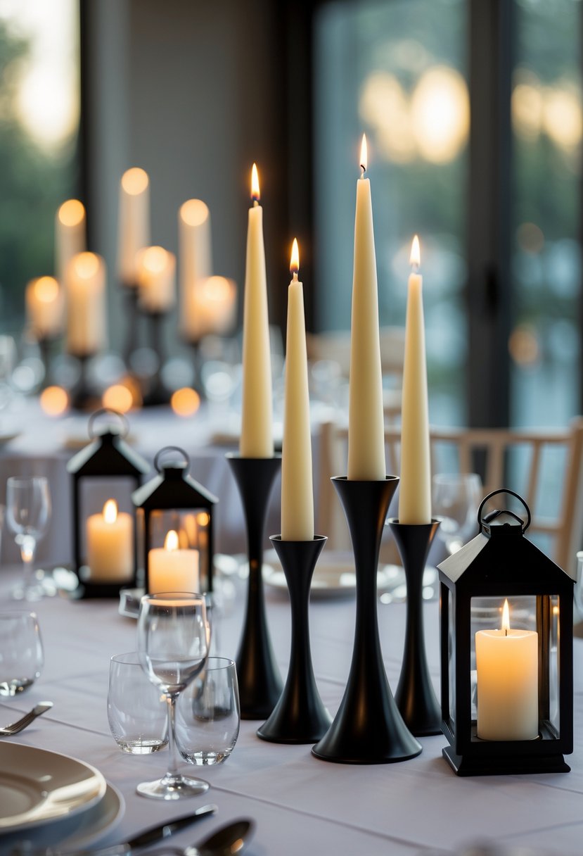 A wedding table decorated with tall black candle holders holding lit tapered candles and elegant lanterns, creating a warm and inviting atmosphere.