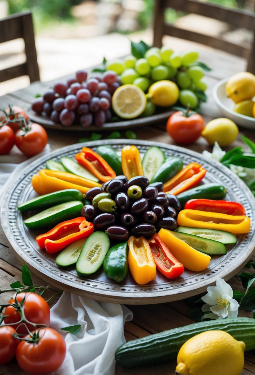 A Mediterranean platter with olives and bell peppers on a wooden table surrounded by fresh fruits and vegetables as a wedding table decoration.