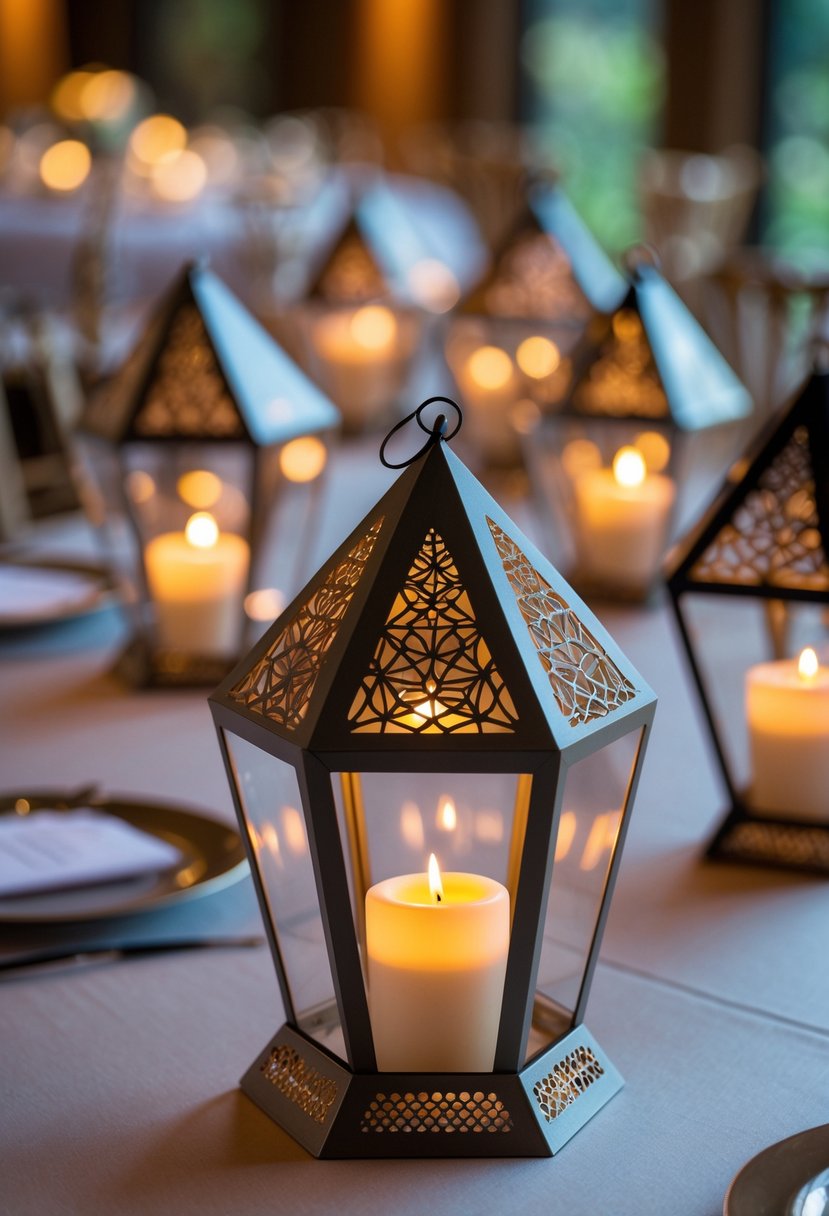 Geometric metal lanterns with glowing battery-operated candles arranged on a wedding table without flowers.