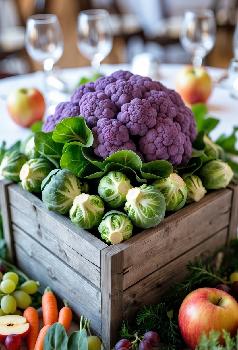 Wooden box filled with purple cauliflower and Brussels sprouts surrounded by various fruits and vegetables on a table.