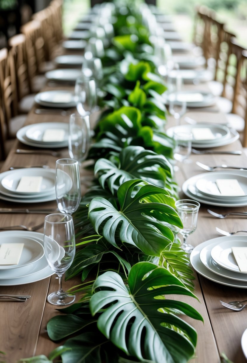 Wedding table decorated with green Monstera leaf runners and simple place settings, without any flowers.