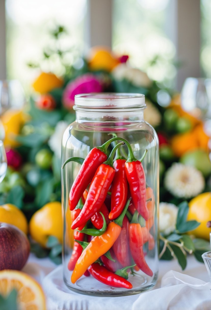 A clear glass jar filled with bright red chili peppers on a table surrounded by fresh fruits and vegetables.