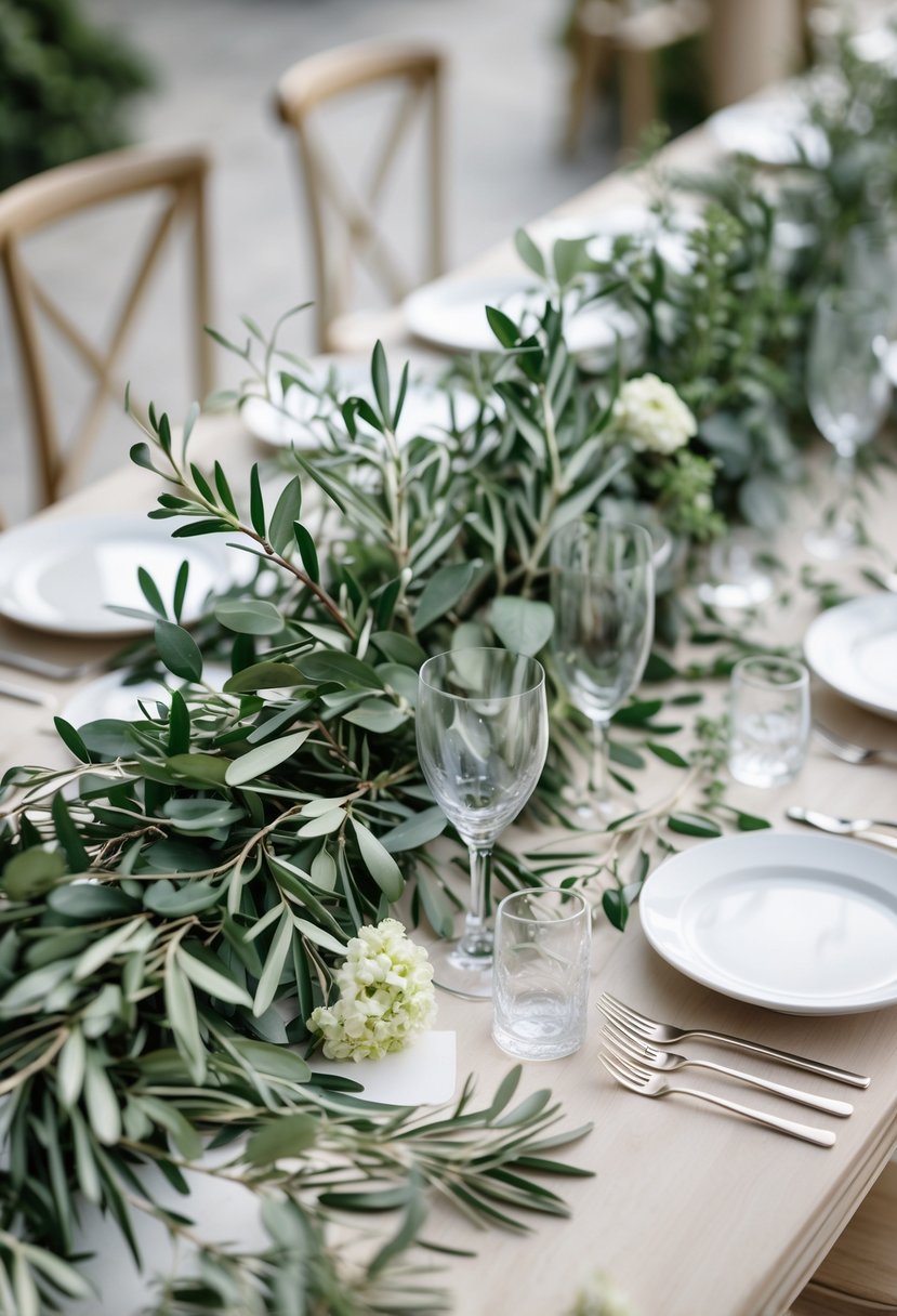Wedding table decorated with olive branches and greenery, featuring natural wooden surfaces and simple table settings.