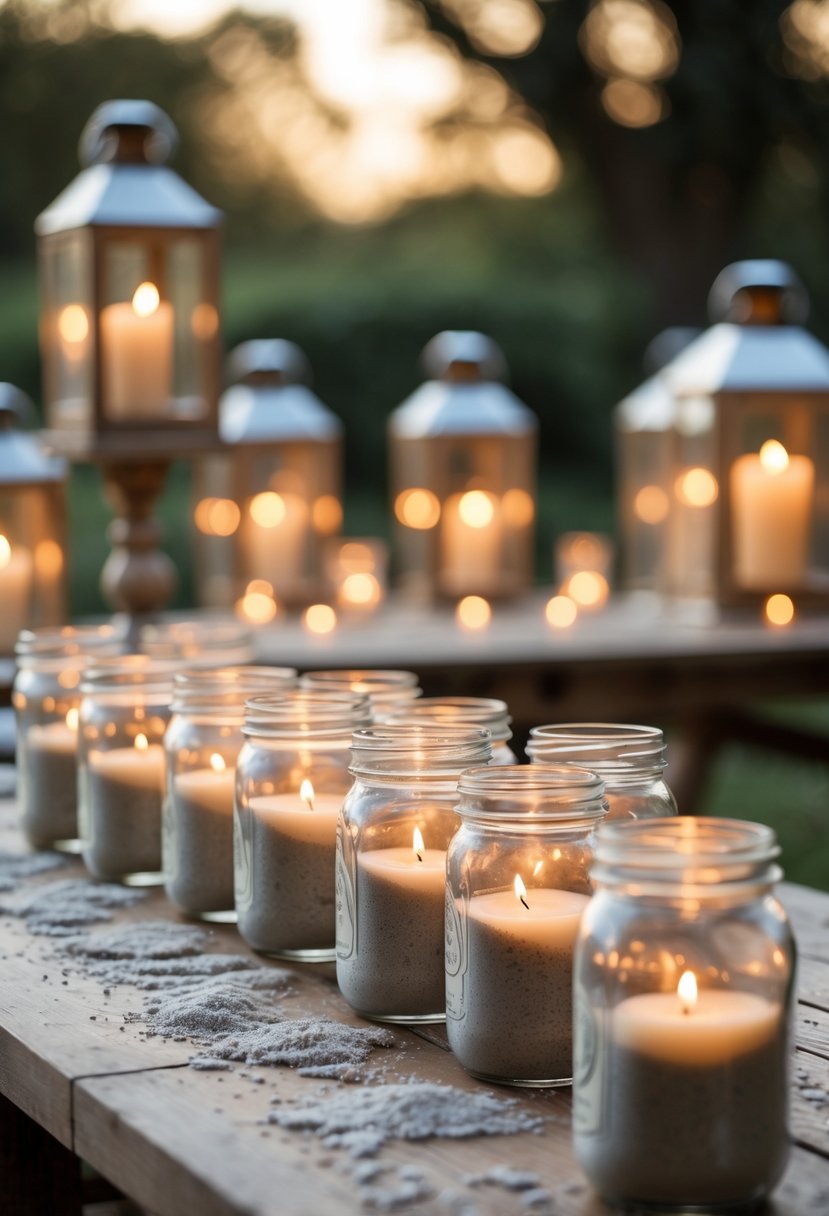 Wedding table decorated with mason jars filled with sand and floating candles, surrounded by lanterns.