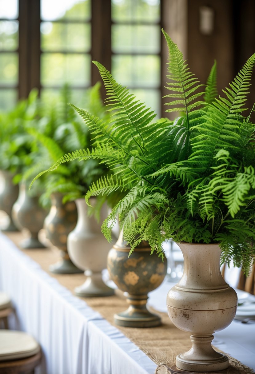 Wedding table decorated with vintage vases filled with green ferns and no flowers.