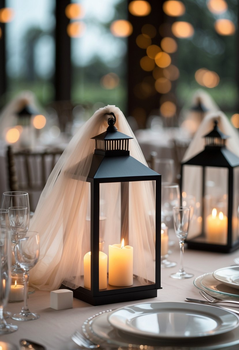A wedding table decorated with glowing lanterns draped in soft tulle or lace and lit candles, creating a warm and intimate atmosphere without any flowers.
