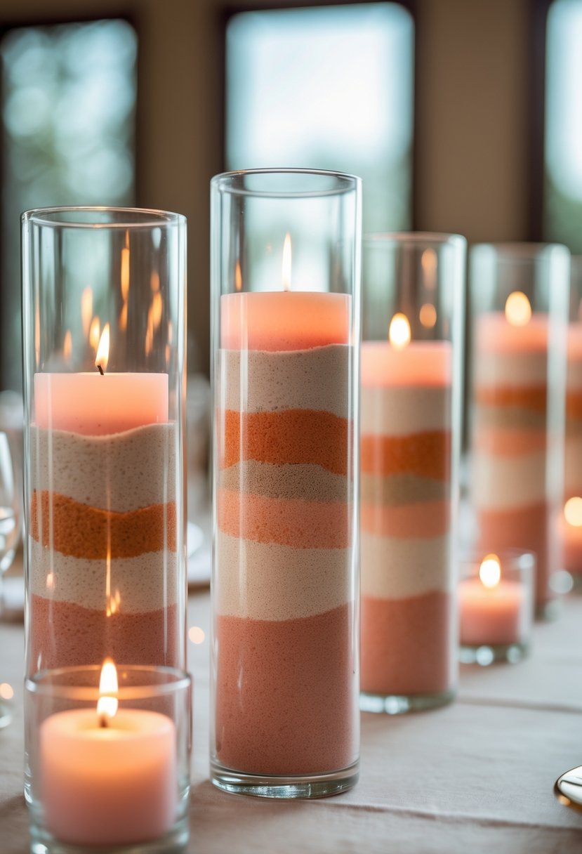 Cylindrical glass vases with layered colored sand and lit candles arranged on a wedding table with small lanterns.
