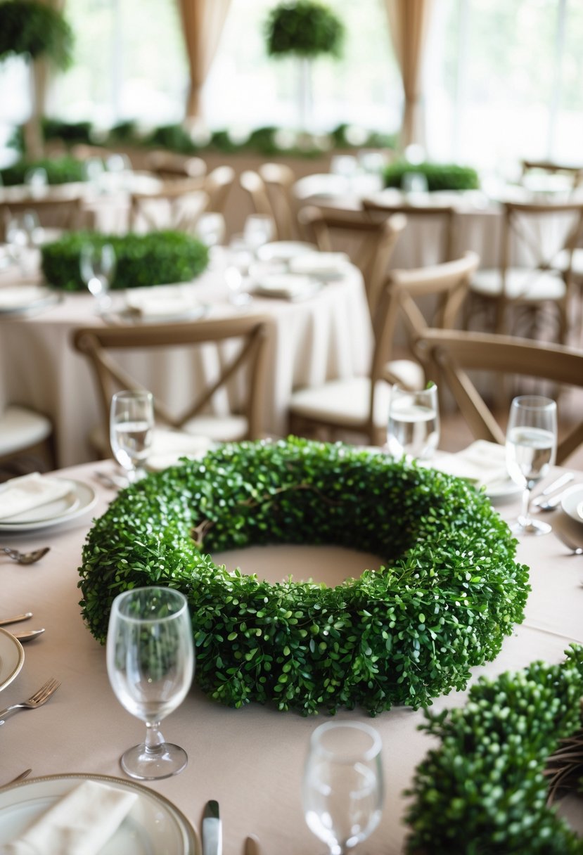 Wedding tables with green boxwood wreath centerpieces and simple place settings, no flowers visible.