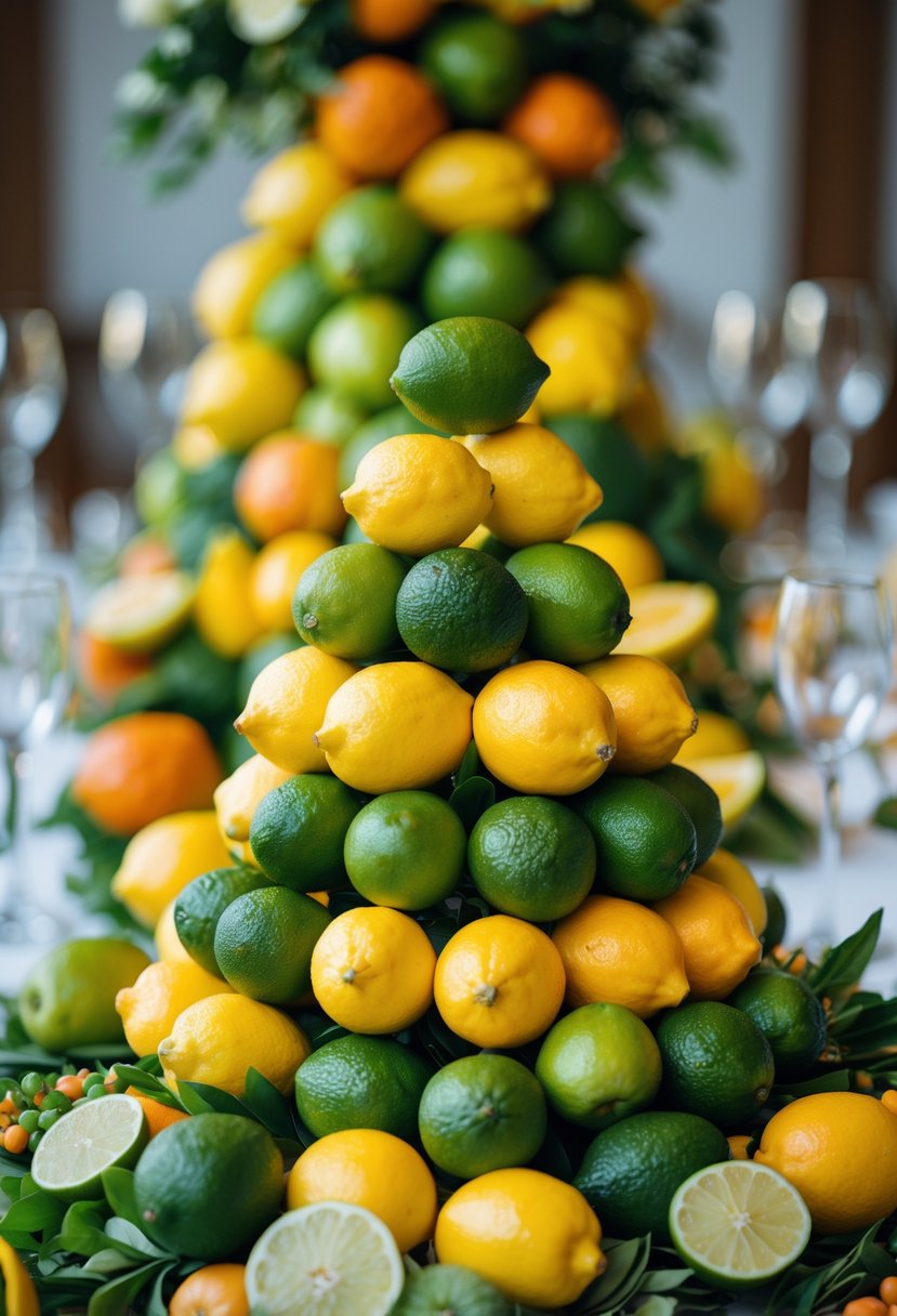 A colorful arrangement of stacked lemons and limes surrounded by fresh fruits and vegetables on a wedding table.