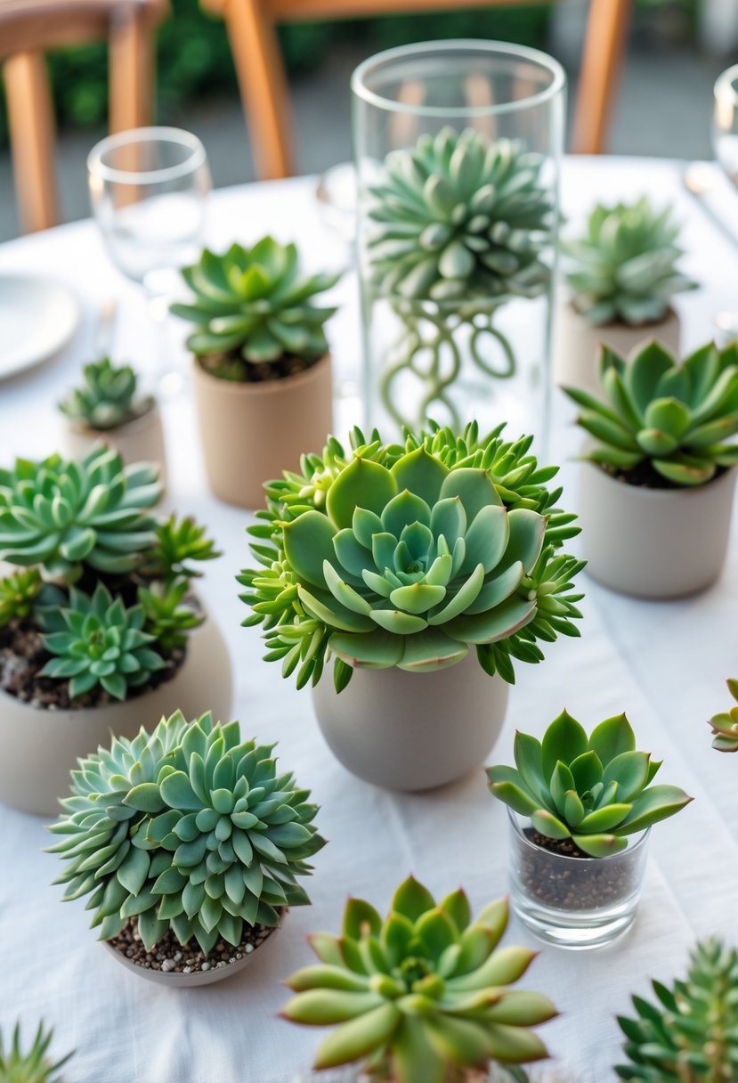 Wedding table decorated with clusters of green succulent plants arranged in small pots and terrariums, with a softly blurred background.
