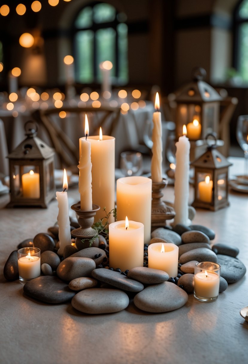 Lit candles and lanterns arranged on polished river stones on a table.
