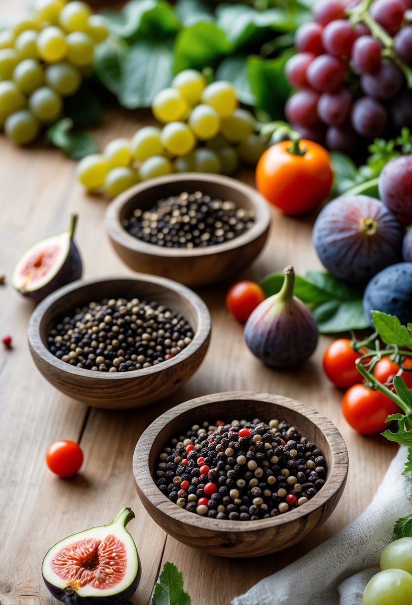 Small rustic wooden bowls filled with fresh peppercorns on a wooden table surrounded by assorted fruits and vegetables.