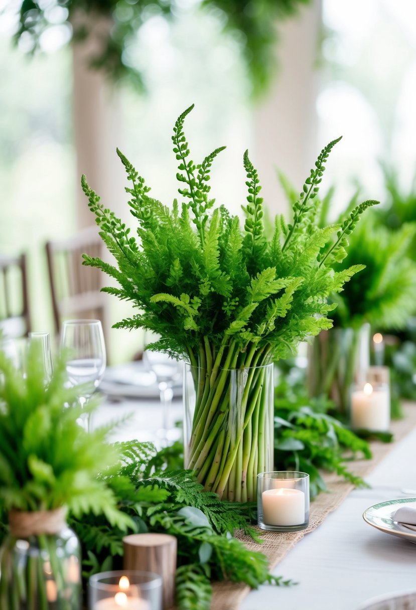Wedding table decorated with lush asparagus fern puffs arranged as green centerpieces without any flowers.