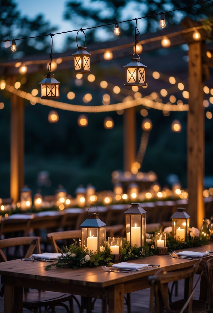 Outdoor wedding tables decorated with mini lanterns and candles hanging above, creating a warm glowing atmosphere without flowers.