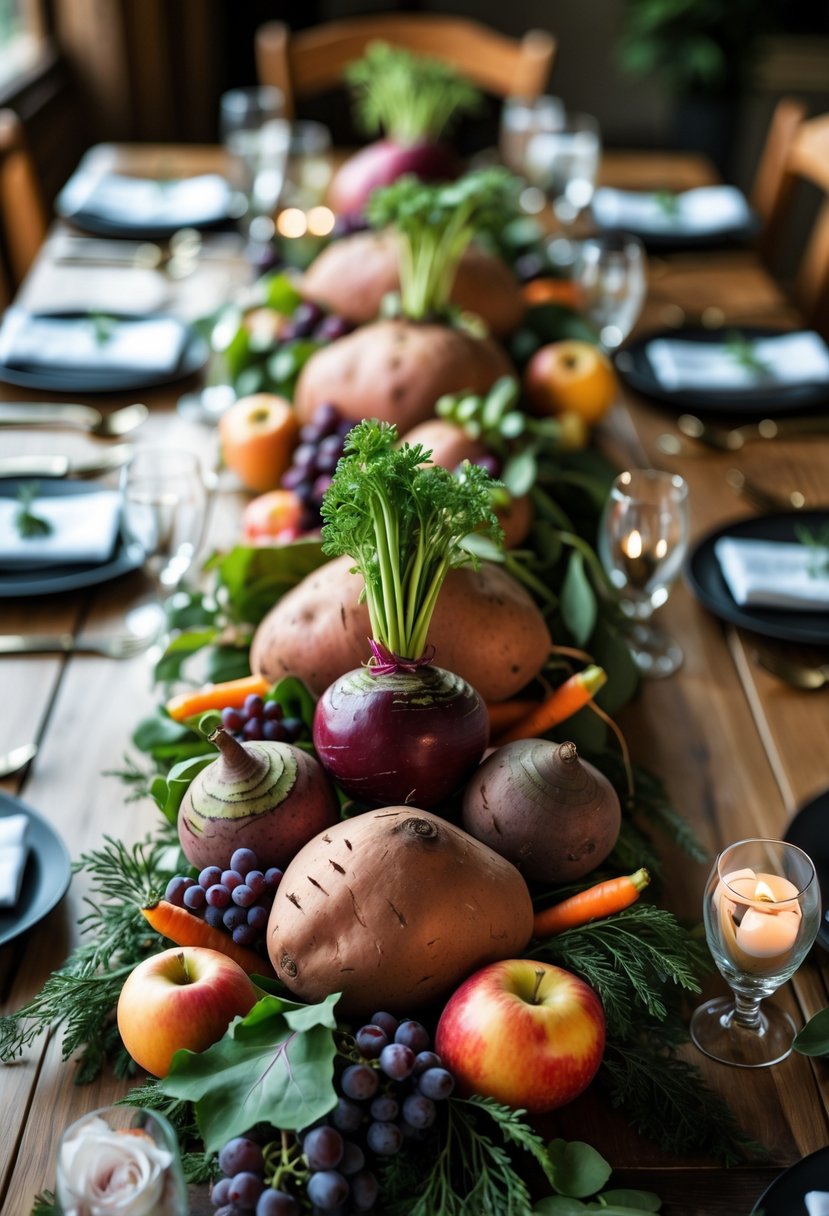 A wedding table centerpiece featuring an artistic arrangement of sweet potatoes, beets, and assorted fruits and vegetables on a wooden table.