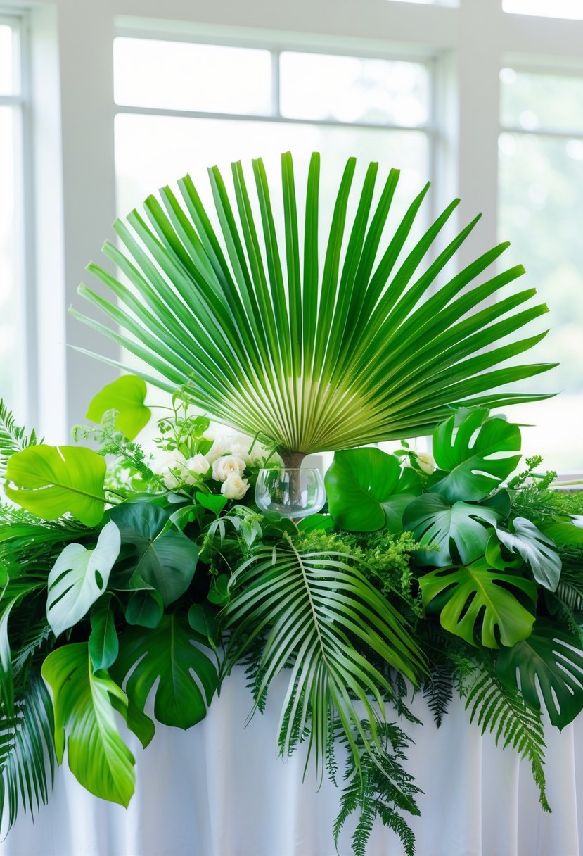A wedding table decorated with a large palm frond fan and various green leaves arranged as a centerpiece without any flowers.