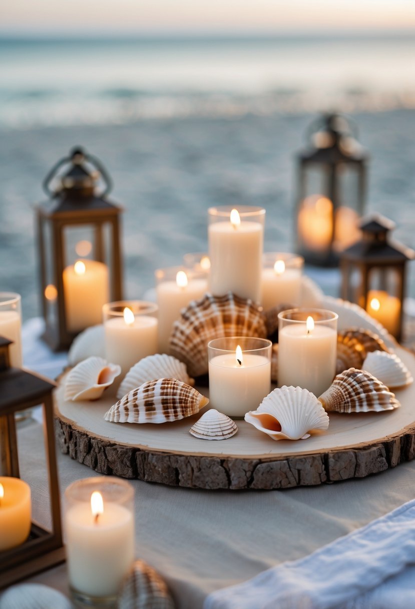 A wedding table decorated with candles placed inside seashells and surrounded by lanterns on a wooden surface near the beach.