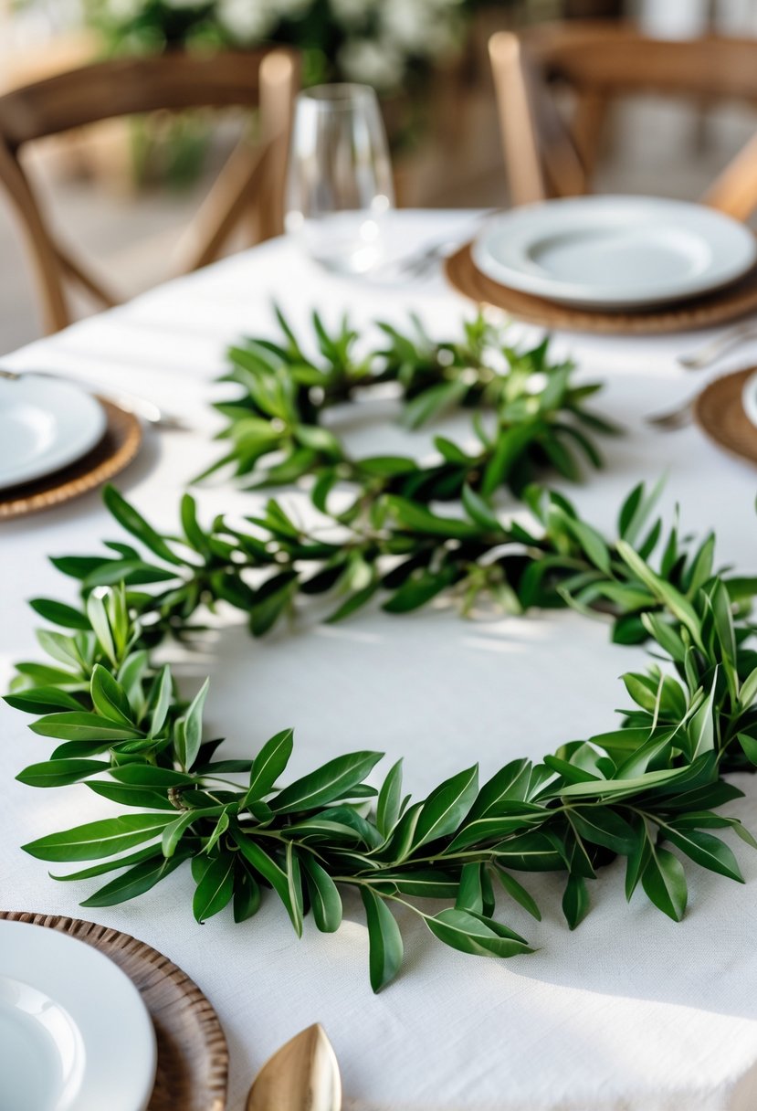 A wedding table decorated with green laurel leaf rings placed around plates, featuring only greenery without any flowers.
