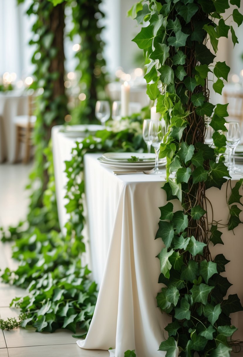 A wedding table decorated with green ivy vines draped over a white tablecloth, with place settings including plates, cutlery, and glassware.