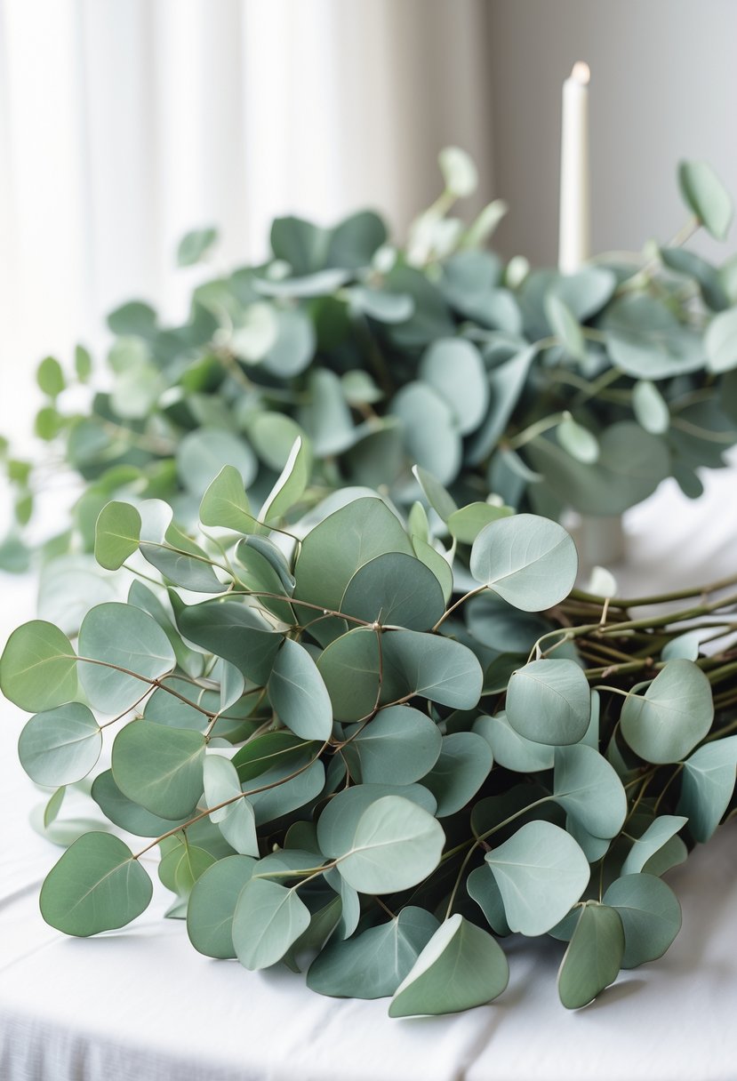 Bunches of silver dollar eucalyptus leaves arranged on a white table as wedding decorations without any flowers.