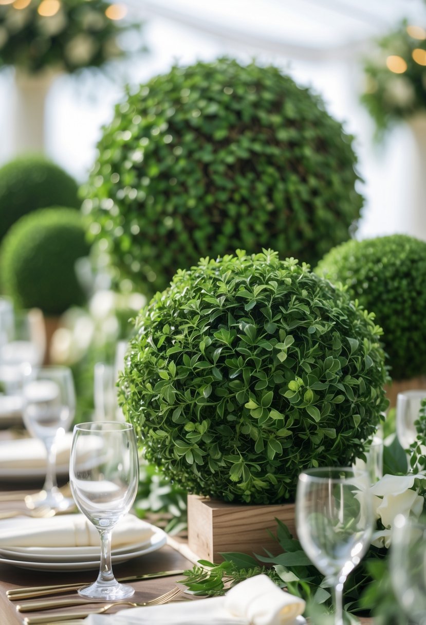 A wedding table decorated with round green myrtle topiary plants and simple table settings.