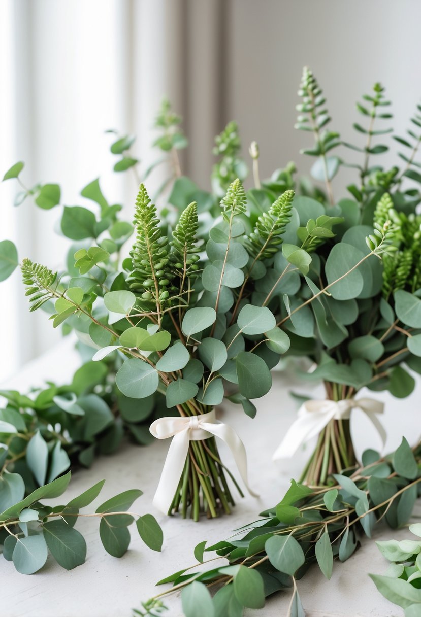 Seeded eucalyptus bunches arranged on a wedding table as green-only decorations without any flowers.