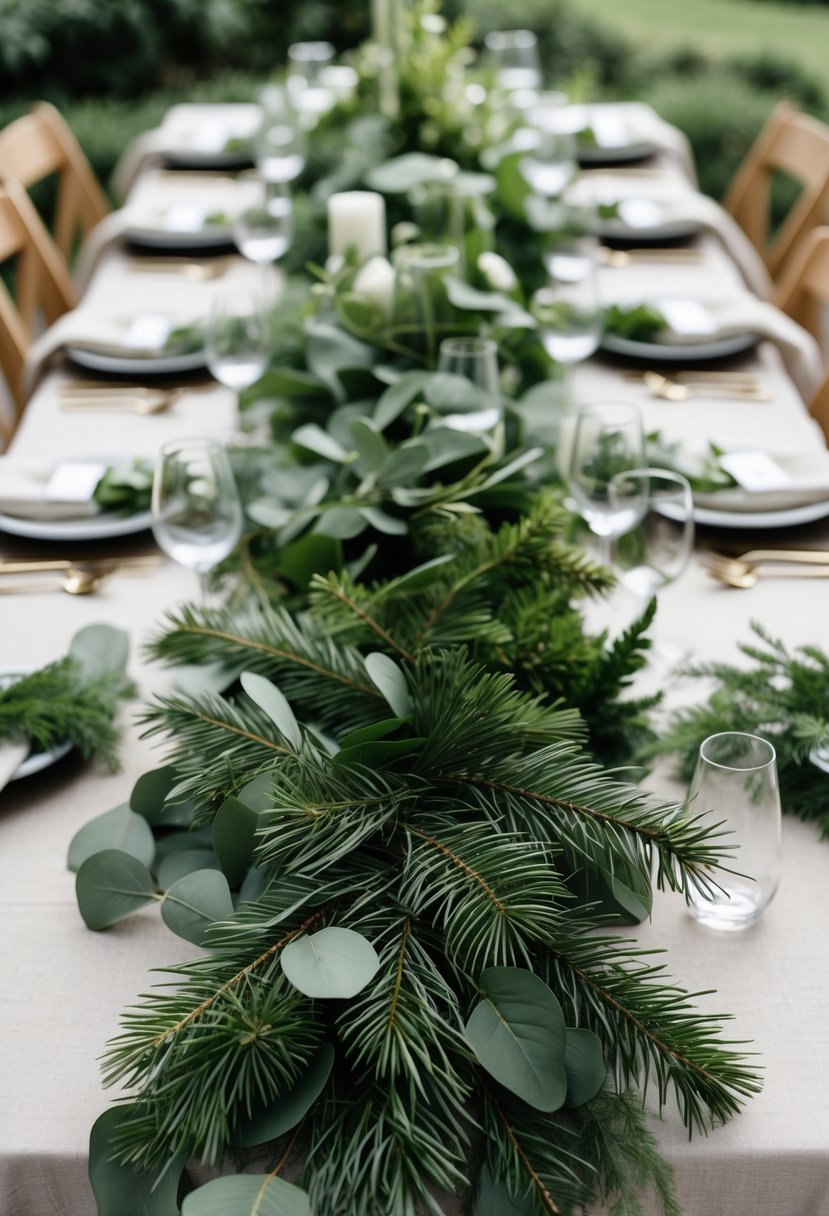A wedding table decorated with green pine branches and various greenery, set with simple tableware and neutral linens.