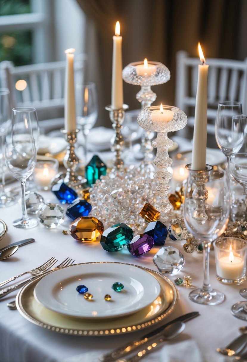 A wedding table decorated with crystals and gemstones, white plates, silver cutlery, glassware, and candles on a white tablecloth.