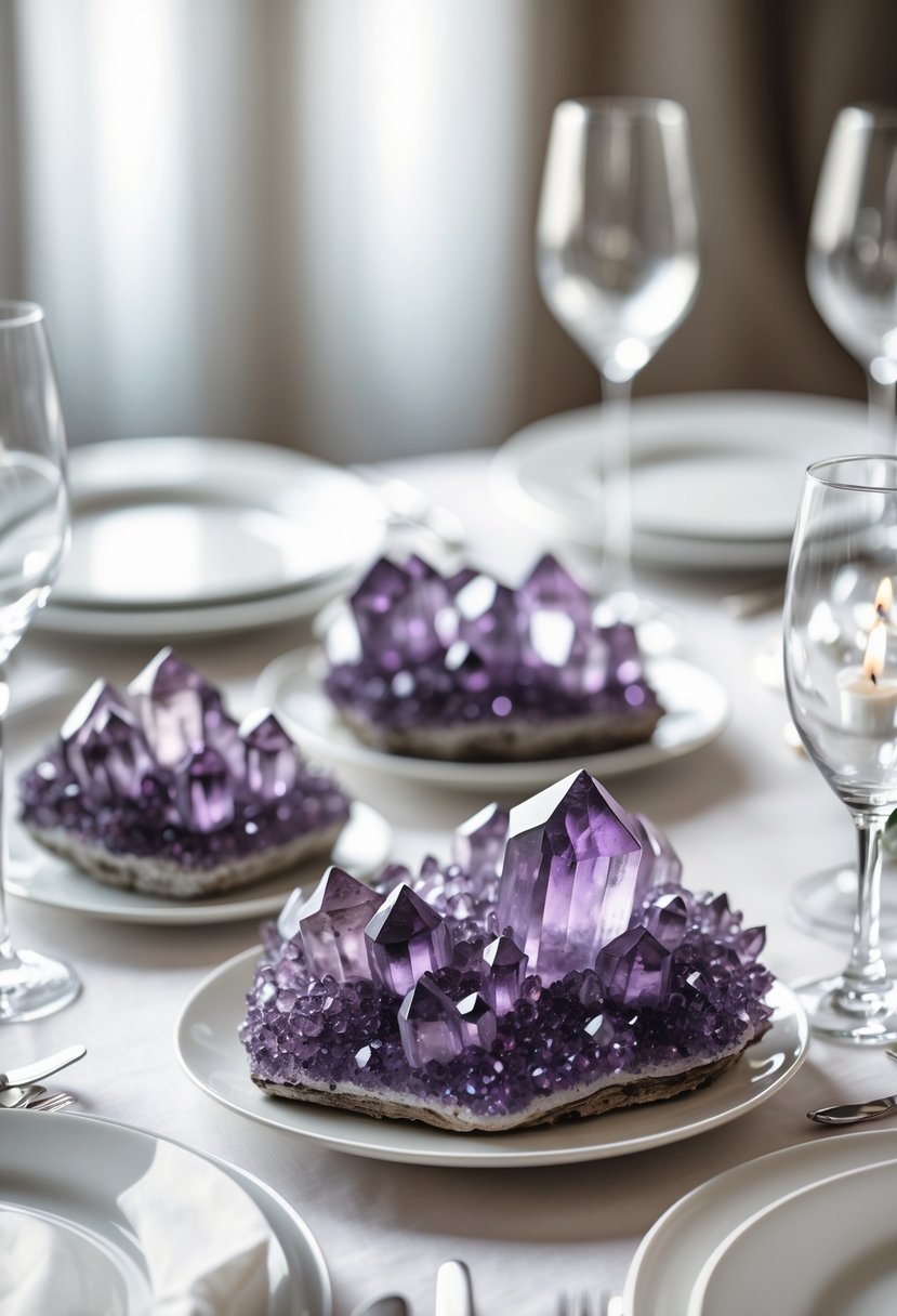 Close-up of a wedding table decorated with purple amethyst crystal clusters as elegant accents among plates and glassware.