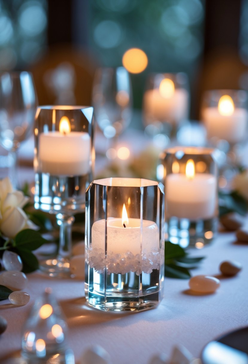 Quartz crystal candle holders with lit candles on a wedding table surrounded by scattered gemstones and crystals.