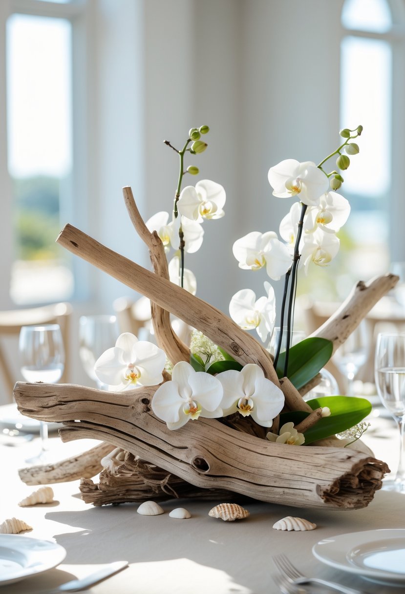 A driftwood centerpiece with white orchids and small seashells arranged on a wedding table.