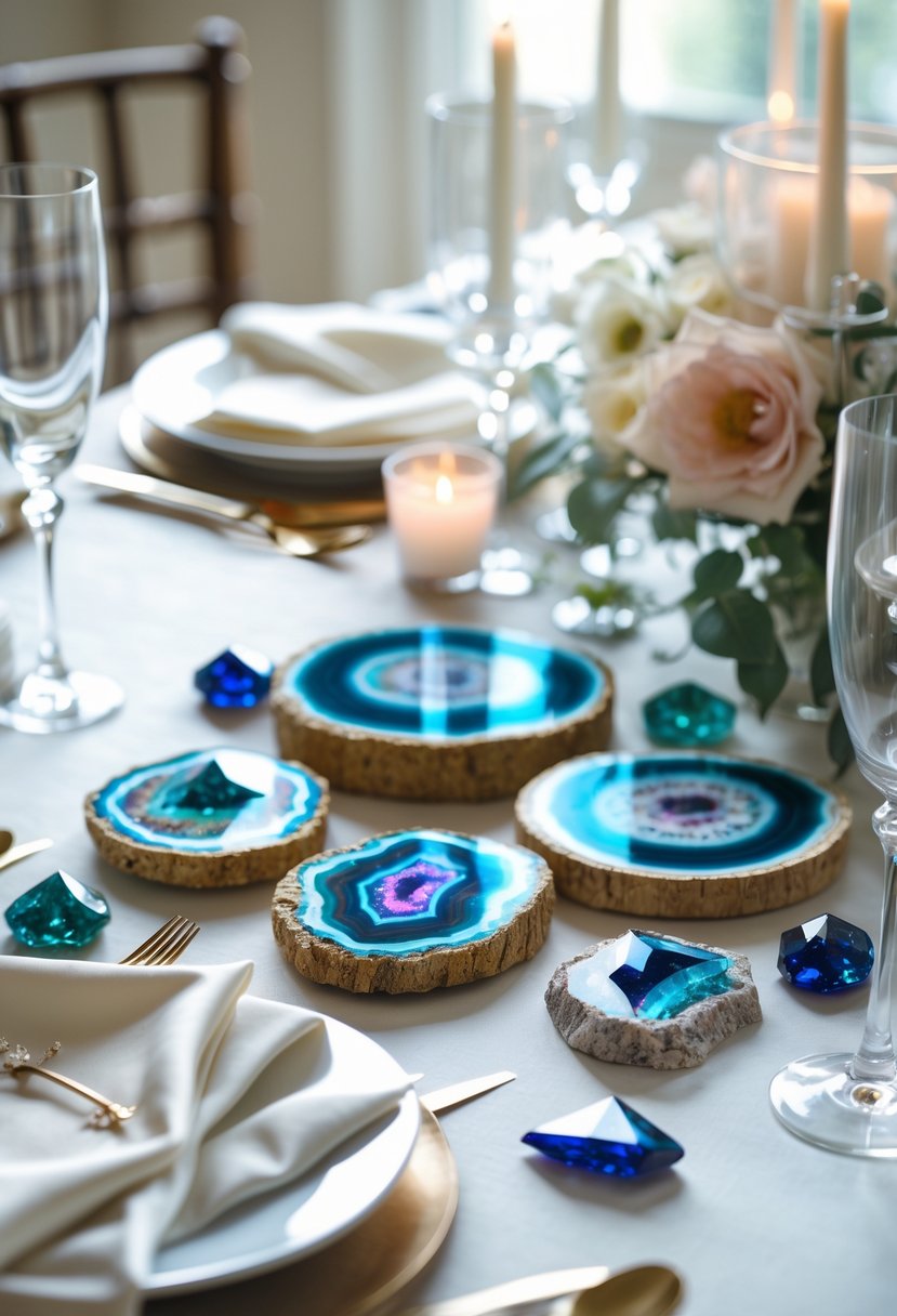 Wedding table decorated with geode slice coasters and crystals instead of flowers.