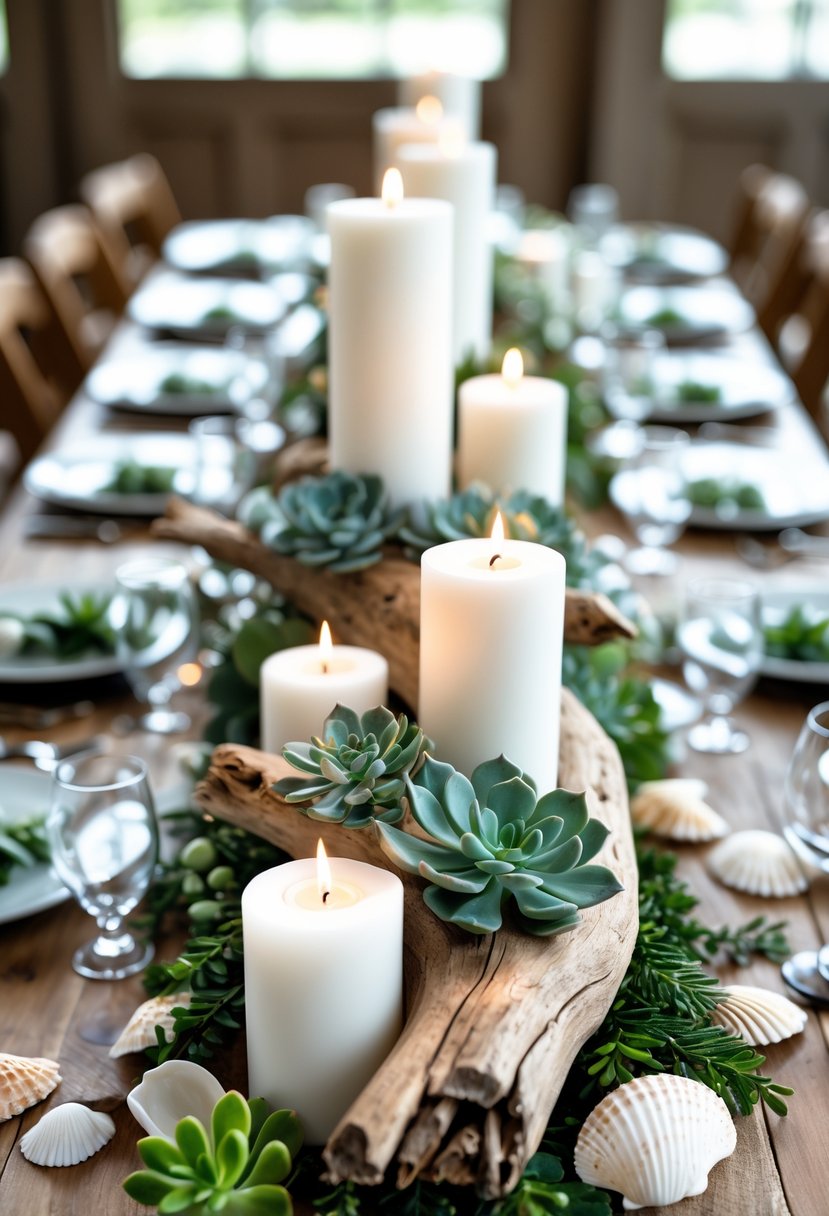 Long driftwood centerpiece on a table decorated with white pillar candles, green succulents, and seashells.