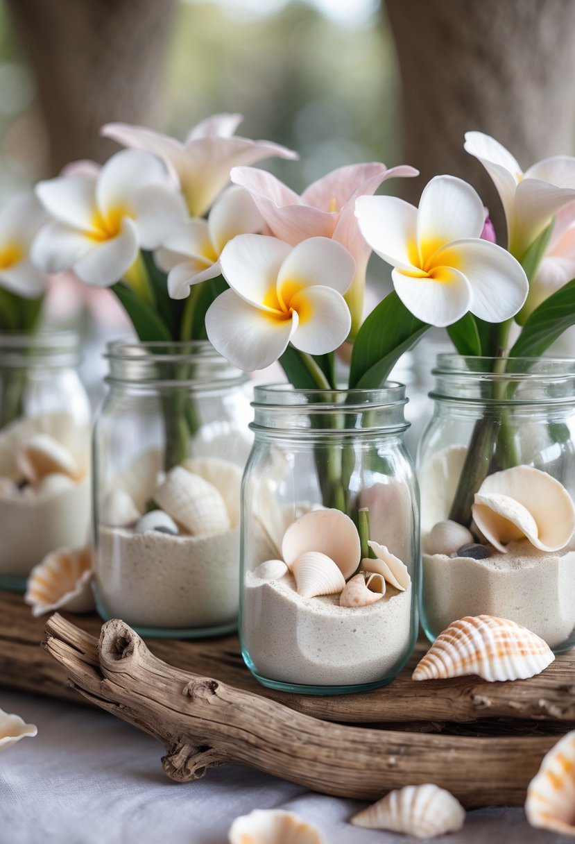 Glass jars filled with sand, seashells, and plumeria flowers arranged on driftwood as a wedding table decoration.