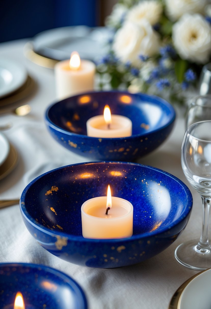 Close-up of blue lapis lazuli bowls filled with lit votive candles on a wedding table without flowers.