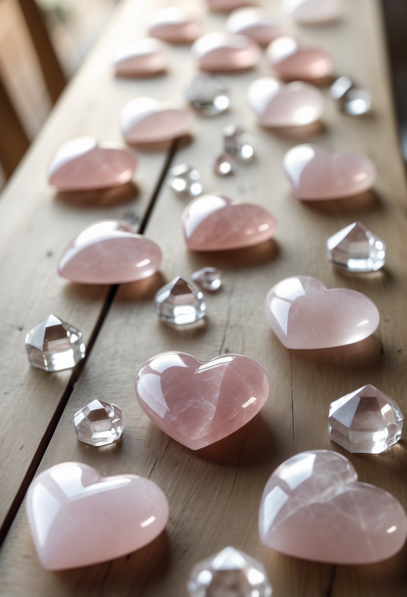 Rose quartz heart-shaped stones scattered across a wooden table with clear quartz crystals and small gemstones.