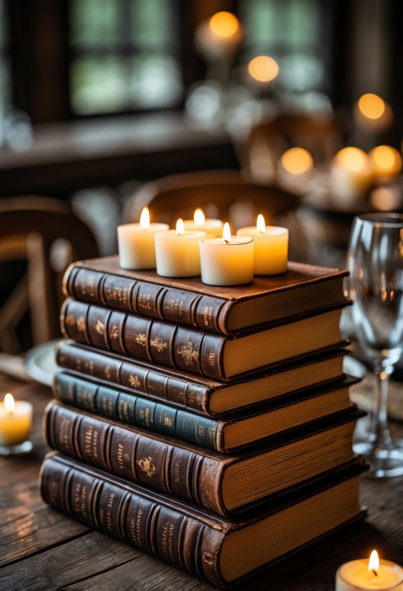 Stacked vintage leather-bound books with lit T-light candles on top, arranged on a wooden table as wedding décor.
