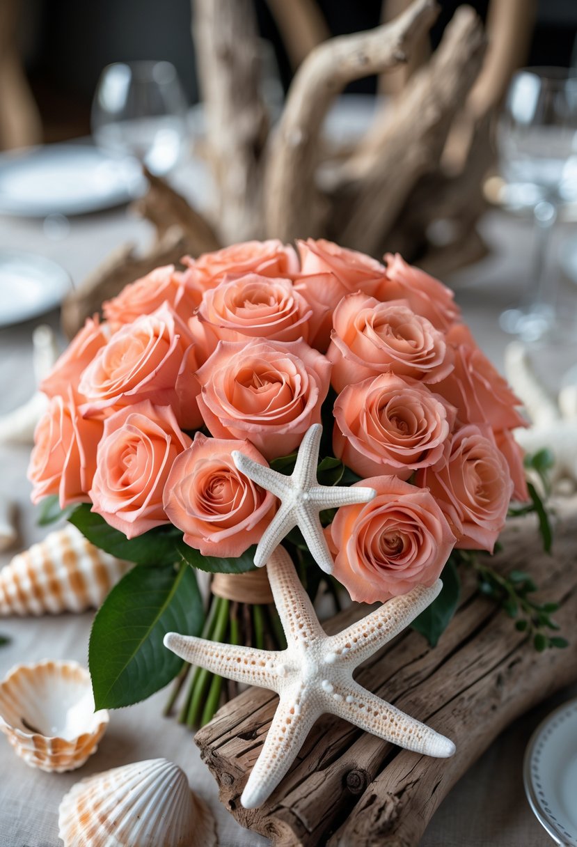 Seashells and starfish scattered around a bouquet of coral roses on a wedding table with driftwood decorations.