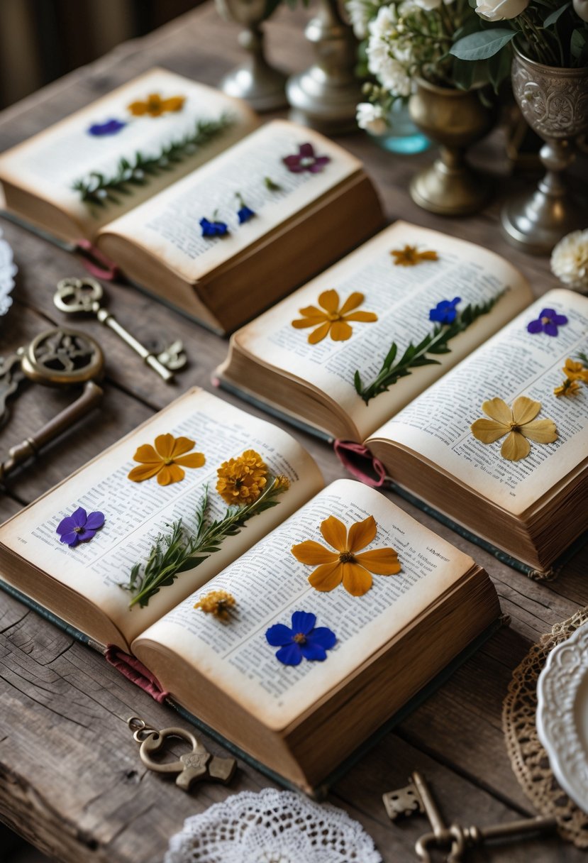 Open antique books on a wooden table with pressed flowers inside, surrounded by vintage decorative items.