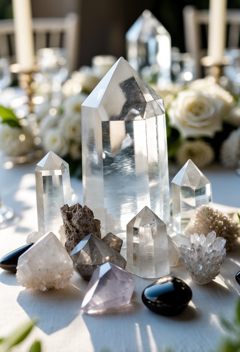 A wedding table decorated with clear quartz crystals and gemstones arranged as elegant centerpieces, with light reflecting off the crystals.