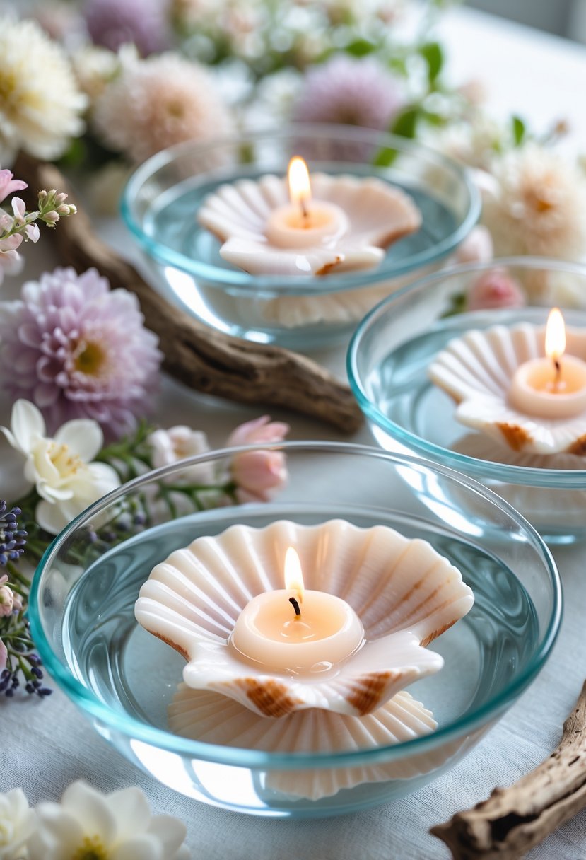 Shallow glass bowls with floating seashell candles surrounded by pastel blossoms and driftwood on a wedding table.