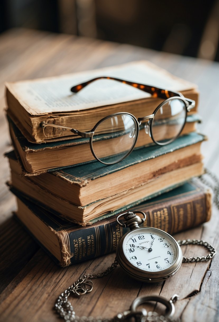 A wedding table decorated with stacked old books, vintage eyeglasses, and an antique pocket watch on a wooden surface.