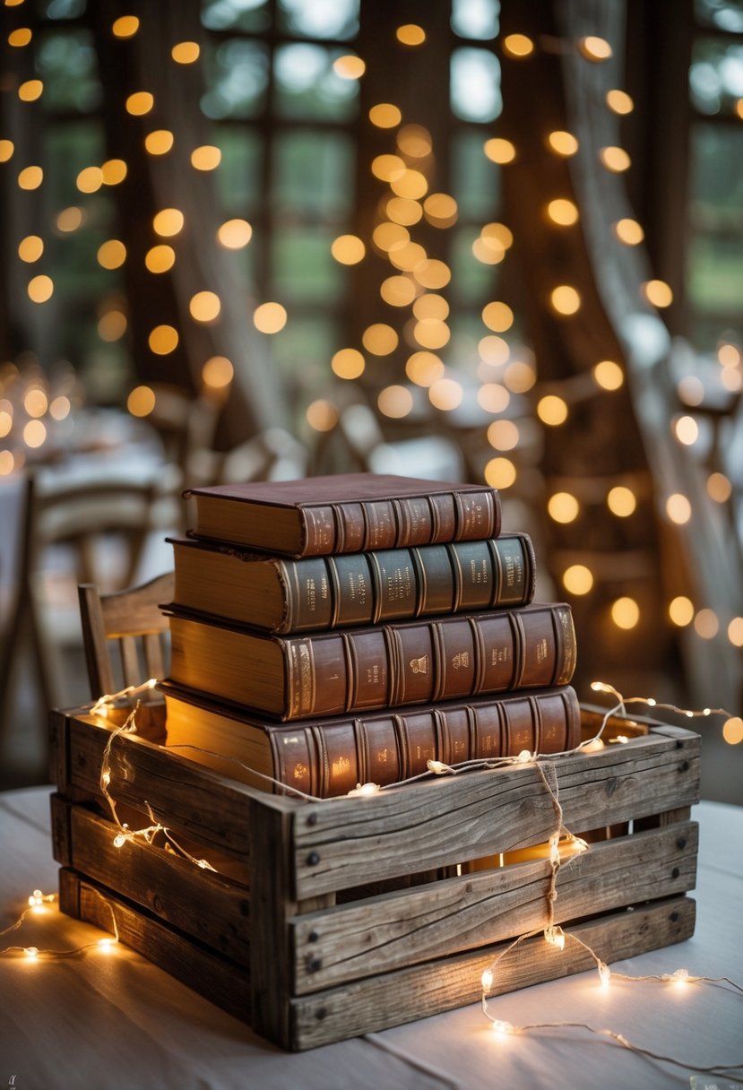 Rustic wooden crates filled with classic books and fairy lights arranged on a wedding table.