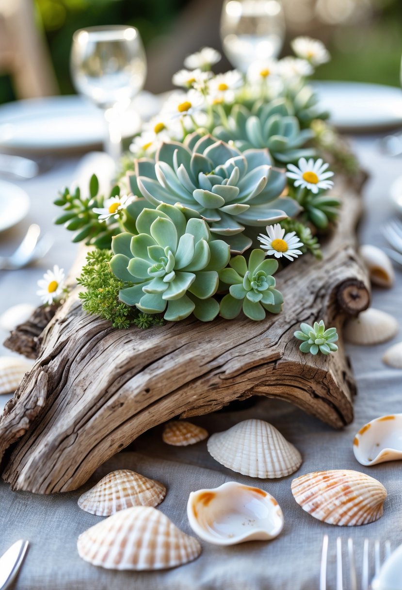 Succulents and small white daisies arranged on rustic driftwood slabs with seashells scattered around on a wedding table.