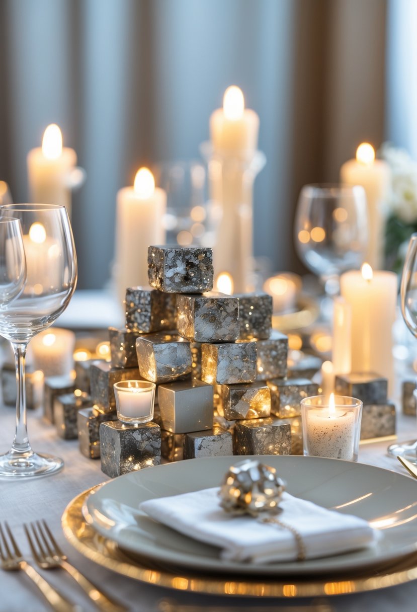 A wedding table decorated with sparkling pyrite cubes, candles, and elegant metallic accents.