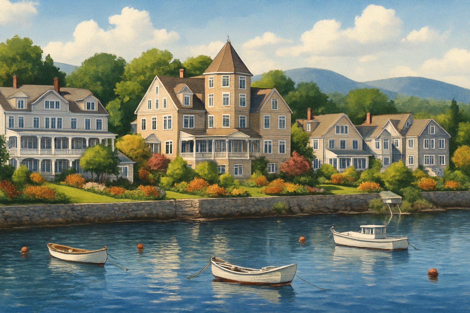 A coastal town with hotels and inns along a calm harbor surrounded by trees and hills.