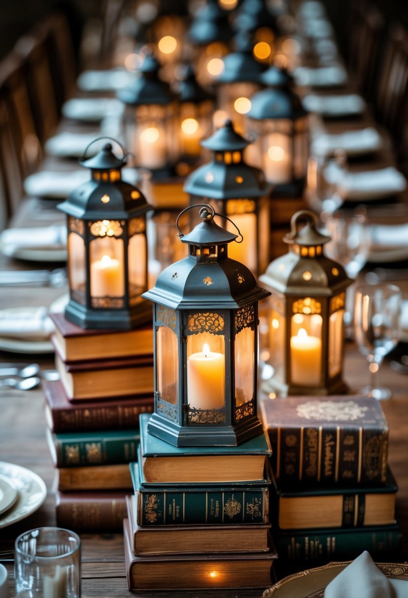 A wedding table decorated with antique lanterns glowing warmly, surrounded by stacks of vintage books.